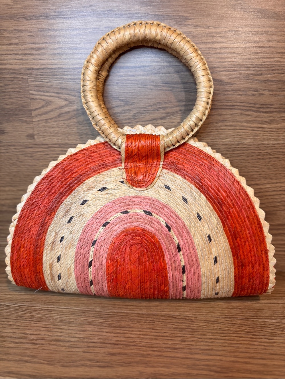 Round-Handle Straw Tote in Red, Pink & Natural - Picture 2 of 7